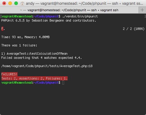 PHPUnit response showing that 1 test has failed