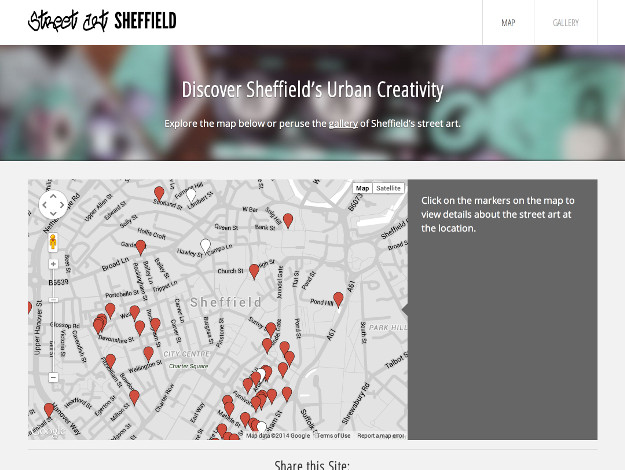 Street Art Sheffield homepage showing a map of street art locations