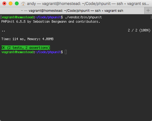 PHPUnit response showing 2 tests and 2 assertions have succeeded