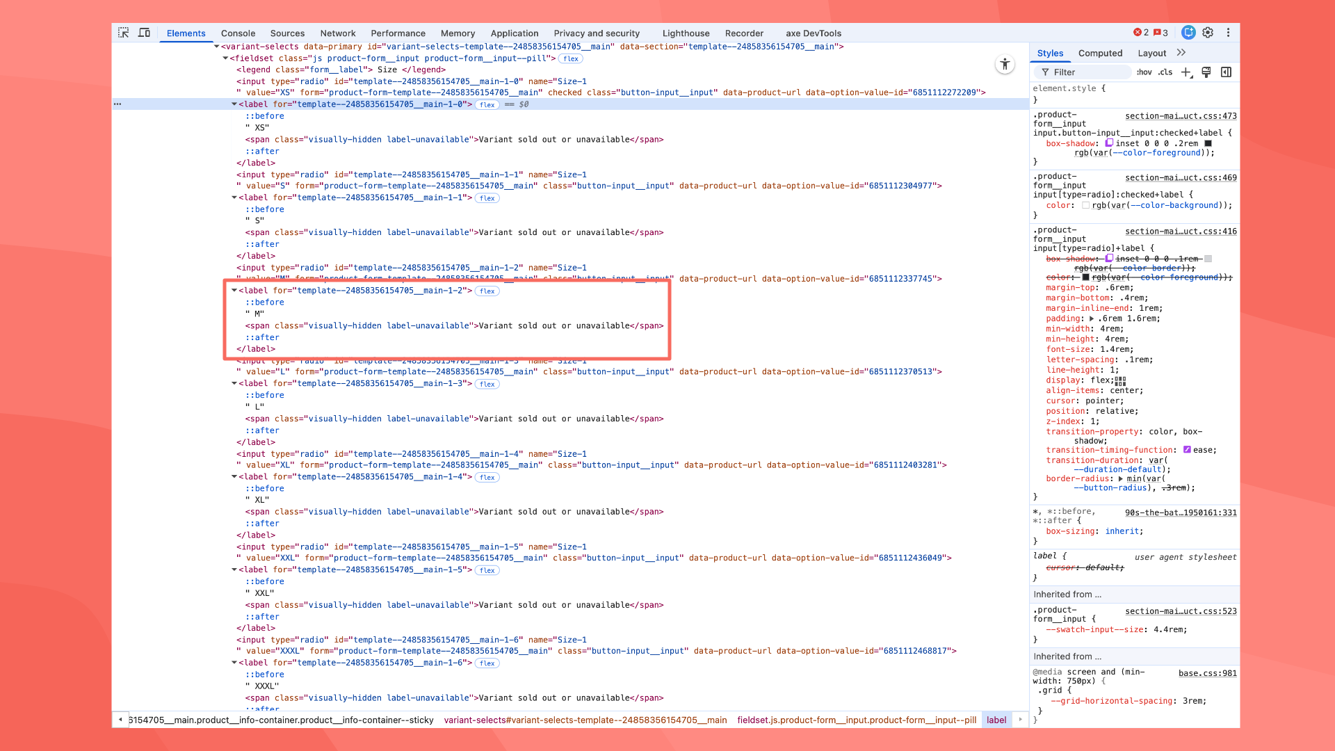 HTML code showing labels with a span containing the text &lsquo;Variant sold out or unavailable&rsquo;