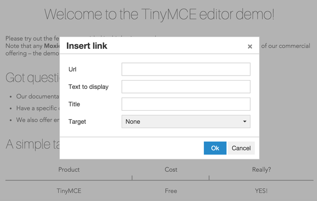 Screenshot of TinyMCE's Insert Link modal