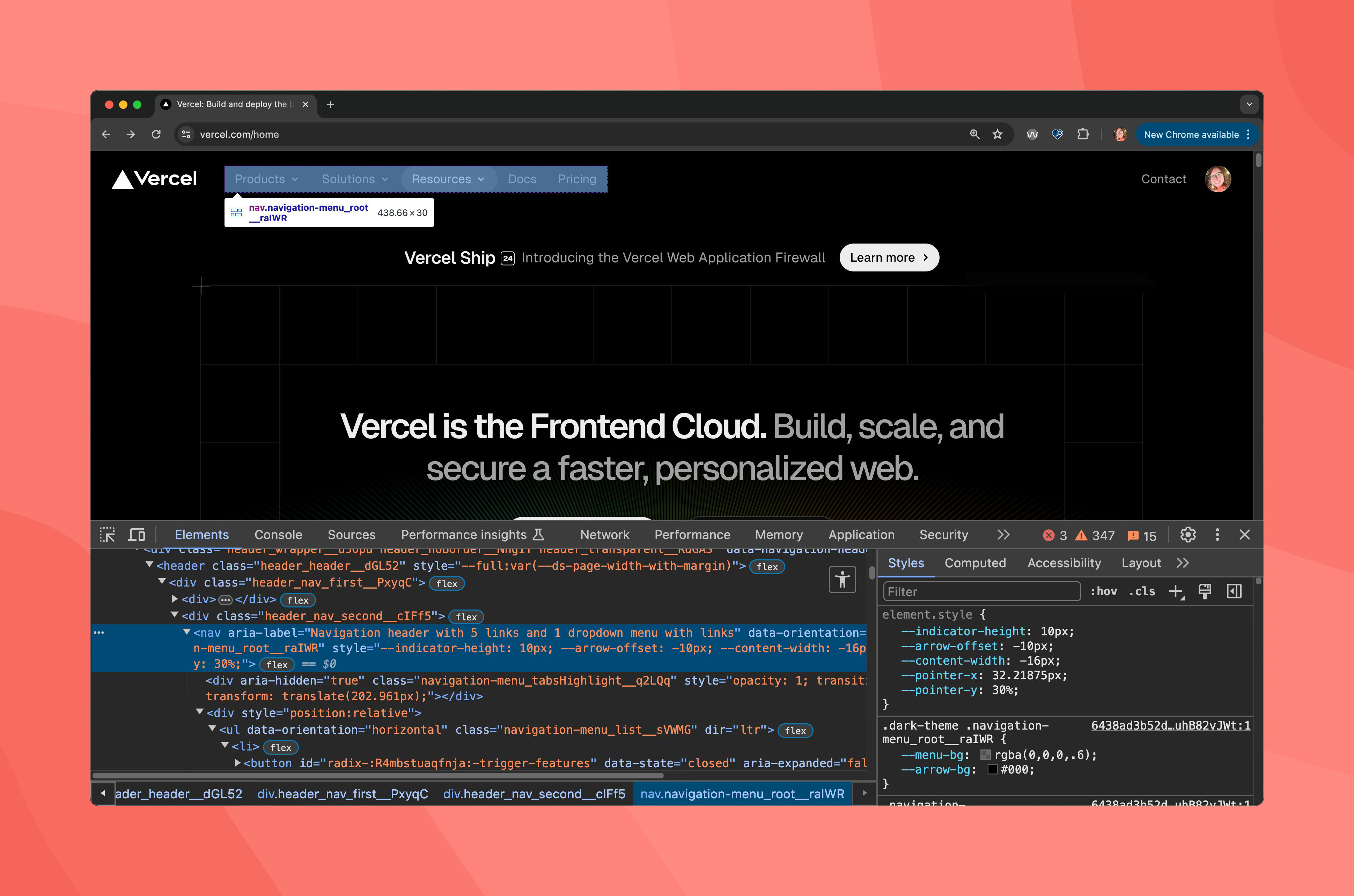 Side by side of the Vercel home page and the rendered HTML. The nav element is highlighted in both places. The aria-label reads "Navigation header with 5 links and 1 dropdown menu with links". The element actually has 3 dropdown menus and 2 links.