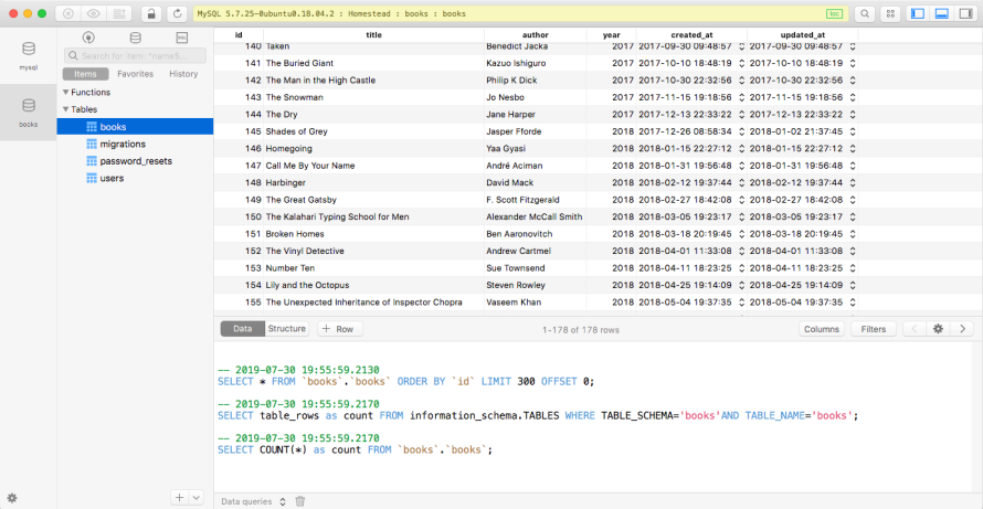 Screenshot of TablePlus showing records from a books table